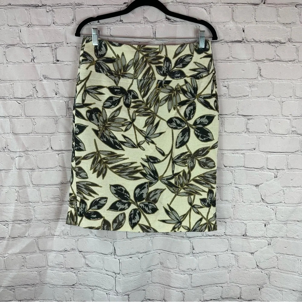 j. crew cotton muted tropical foliage pencil skirt sz 4 gold foil leaf print